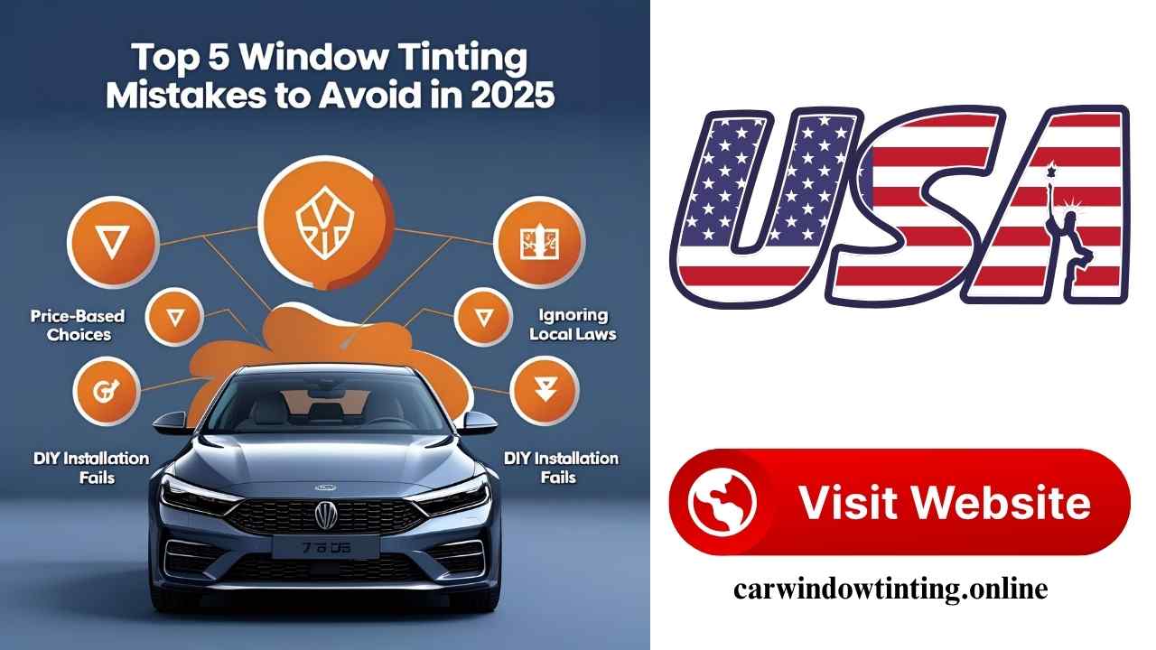 Visual guide highlighting the top 5 window tinting mistakes car owners make in 2025 Infographic of major car window tinting errors and how to avoid them in 2025 List of common tinting mistakes with icons for film types, laws, and installation tips